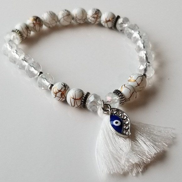 Evil Eye Protection White Hamsa Hand Bracelet with Tassel New - Picture 2 of 4